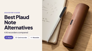 Best Plaud Note alternatives in 2026: the Flowtica Scribe AI pen on a notebook beside its leather charging case