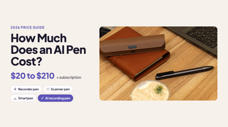 AI pen price guide 2026: Flowtica Scribe AI recording pen with its leather charging case and folio notebook