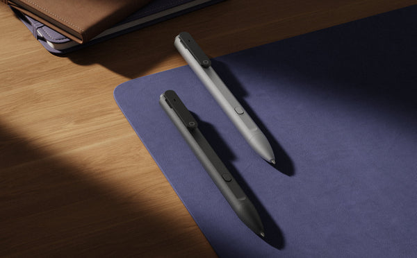 Flowtica Scribe AI pen with app showing transcription and action items