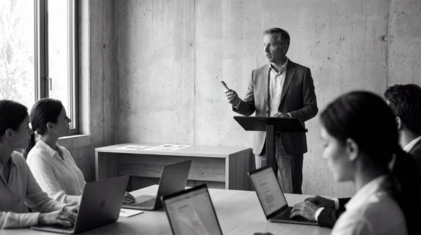 Executive reviewing AI meeting notes during a presentation