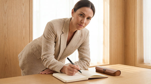 Working mom writing notes by hand during a meeting
