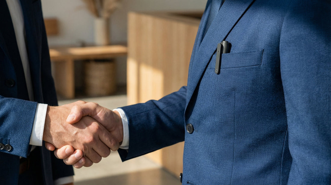 Two professionals shaking hands with a Flowtica Scribe AI pen visible in a jacket pocket