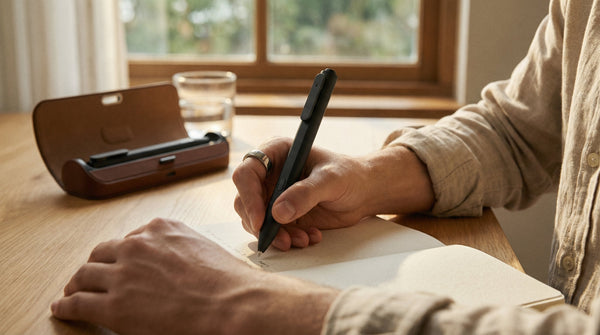 First-person view of writing notes by hand with the Flowtica Scribe pen