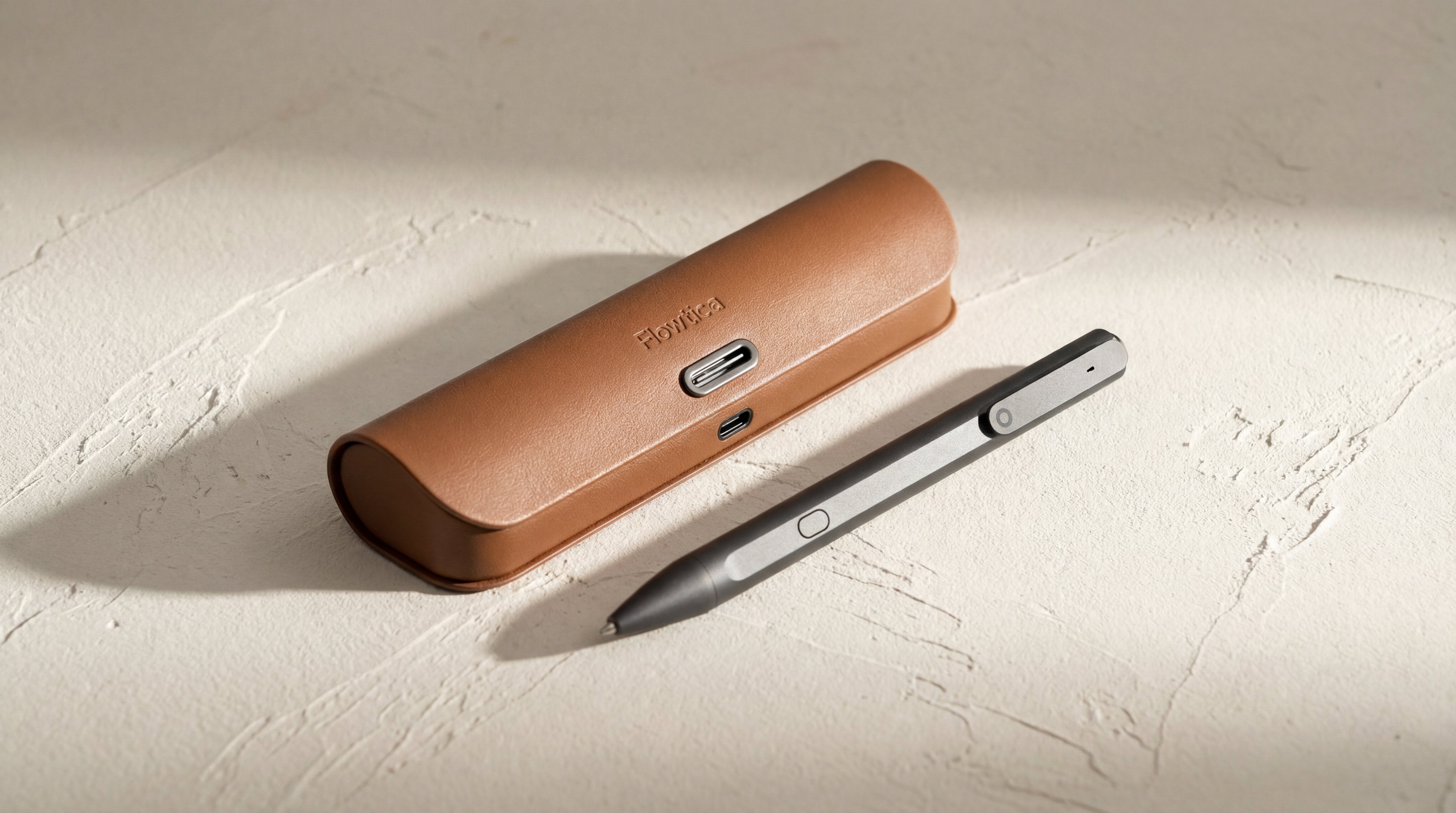 Brown pen case with a pen on a light beige surface
