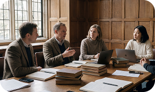Group of people in a classroom setting with books and laptops.