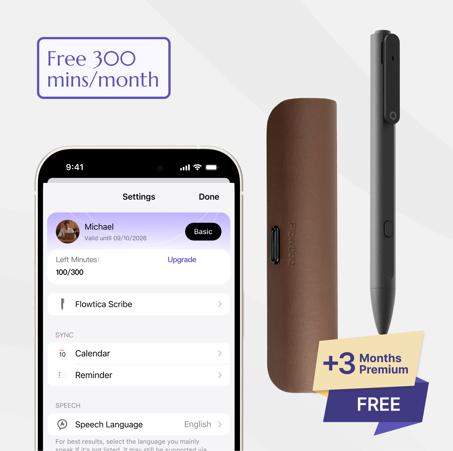 Flowtica Scribe pen, Charging case,  with app interface on smartphone screen, showing free trial offer.