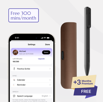 Flowtica Scribe pen, Charging case,  with app interface on smartphone screen, showing free trial offer.