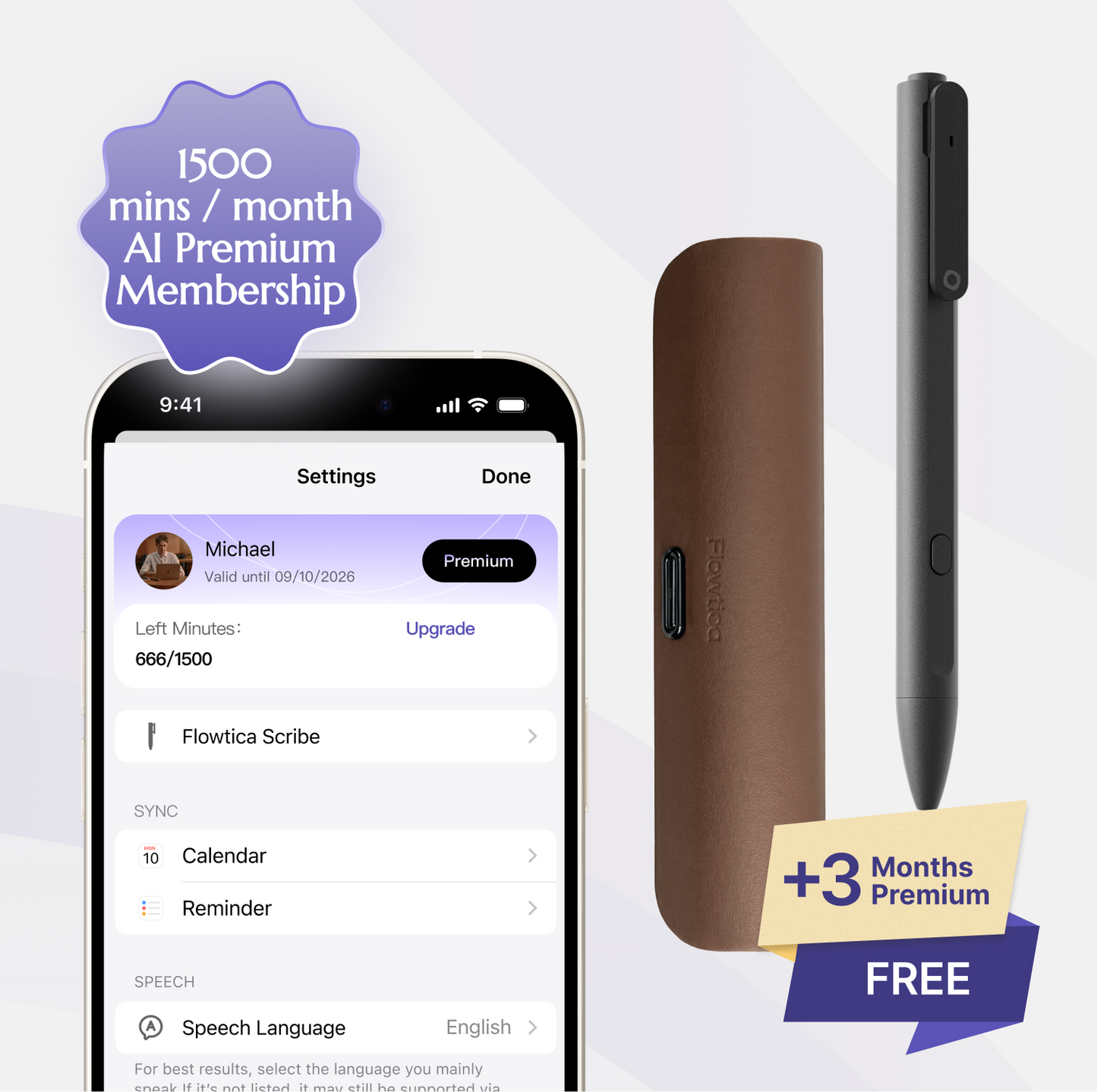 Flowtica Scribe pen, Charging case,  with smartphone app interface and promotional text on a light gray background