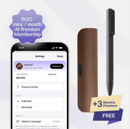 Flowtica Scribe pen, Charging case,  with smartphone app interface and promotional text on a light gray background