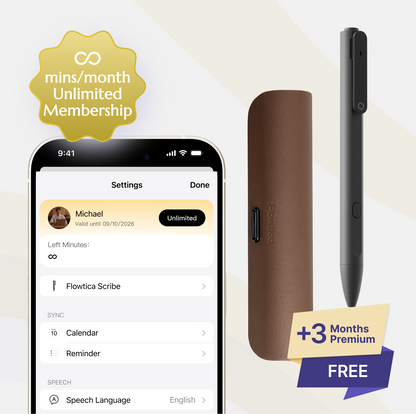 Flowtica Scribe pen, Charging case, with smartphone app interface and promotional text on a light background