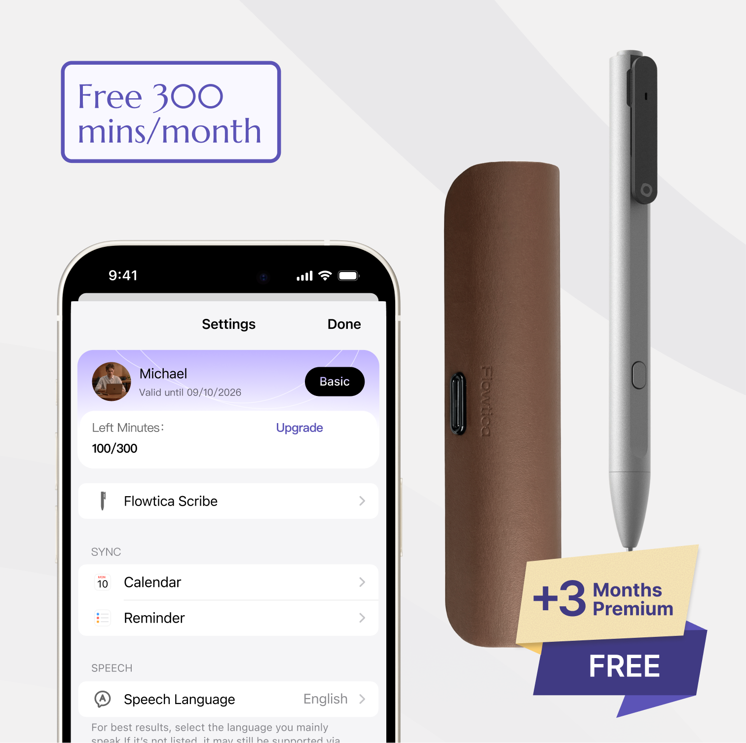 Flowtica Scribe pen, Charging case,  with app interface on smartphone screen, showing free trial offer.