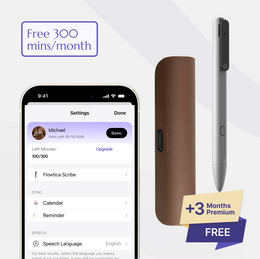 Flowtica Scribe pen, Charging case,  with app interface on smartphone screen, showing free trial offer.