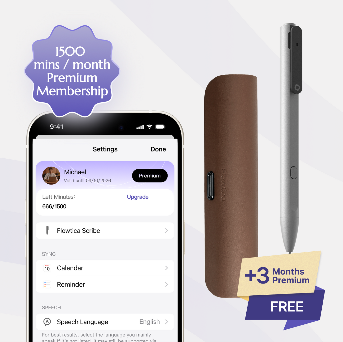 Flowtica Scribe pen, Charging case, with smartphone app interface and promotional text on a white background