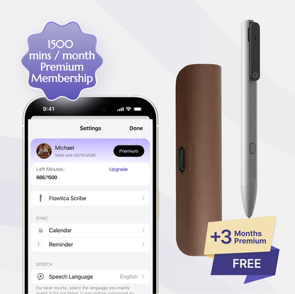 Flowtica Scribe pen, Charging case, with smartphone app interface and promotional text on a white background