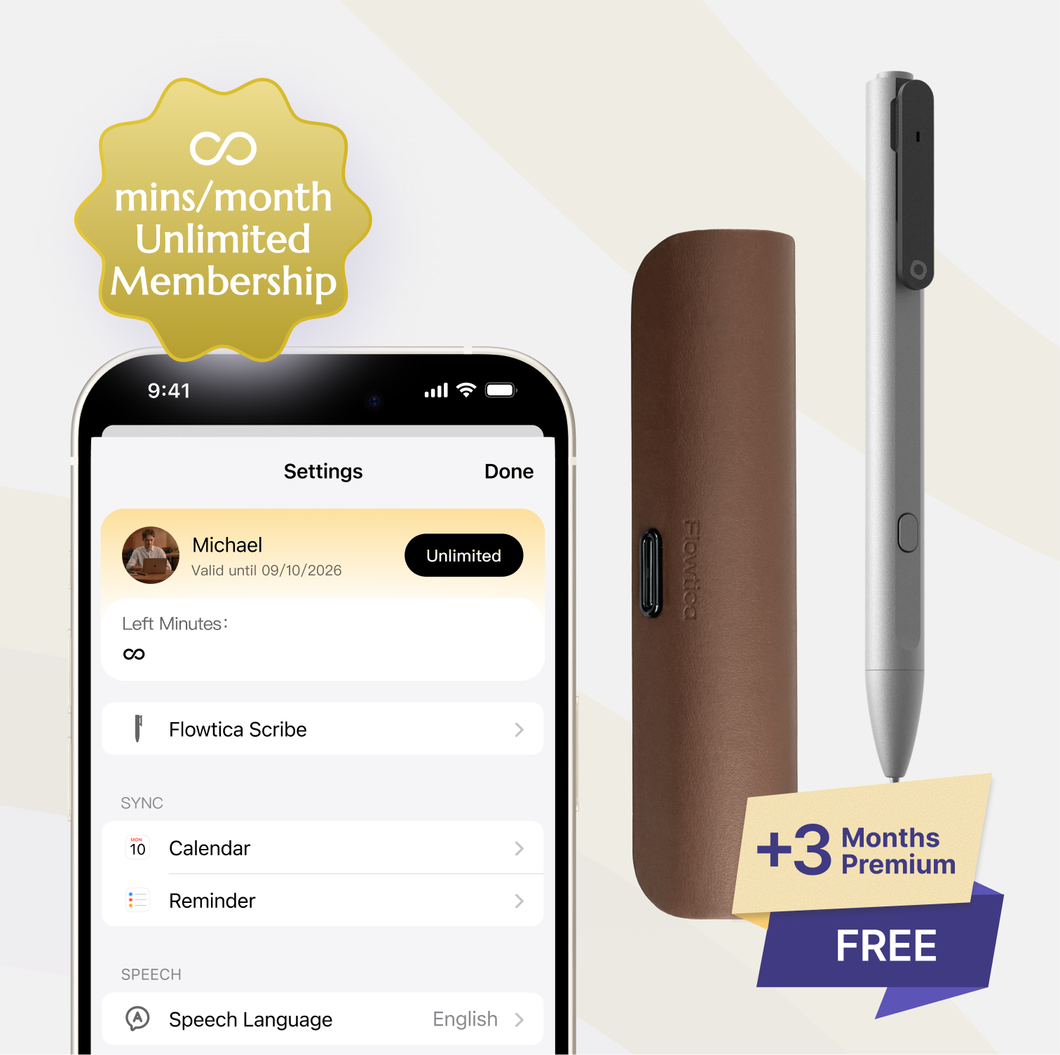 Flowtica Scribe pen, Charging case, with smartphone app interface and promotional text on a light background