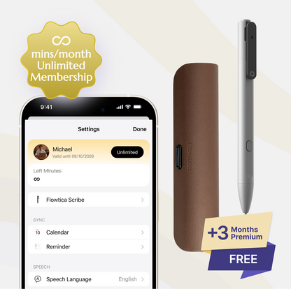 Flowtica Scribe pen, Charging case, with smartphone app interface and promotional text on a light background