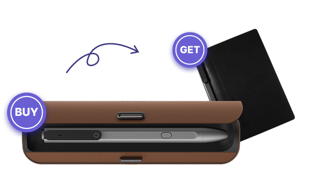 Brown phone case with black interior, 'Buy' and 'Get' labels on a white background