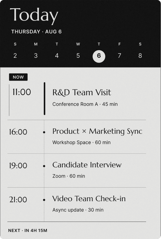 Verso displaying today's agenda