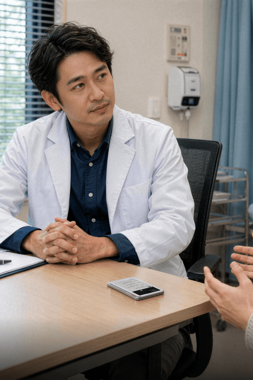 Clinician speaking with a patient while Verso rests on the desk