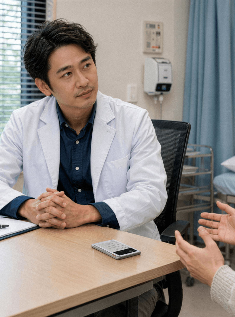 Clinician speaking with a patient while Verso rests on the desk