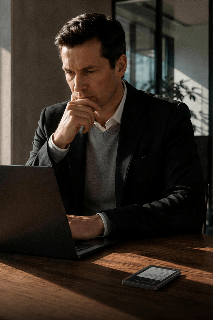Executive working with Verso beside a laptop