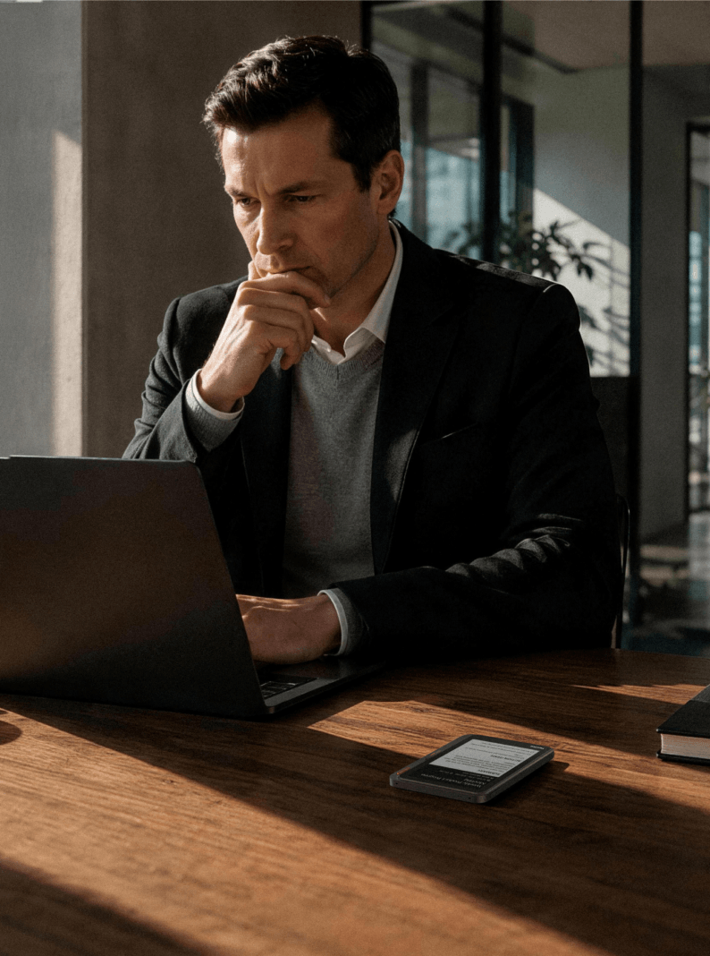 Executive working with Verso beside a laptop