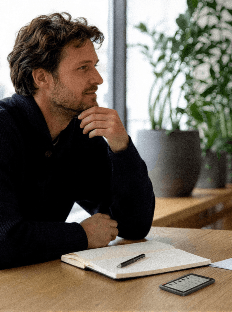 Content creator discussing ideas with Verso on the table