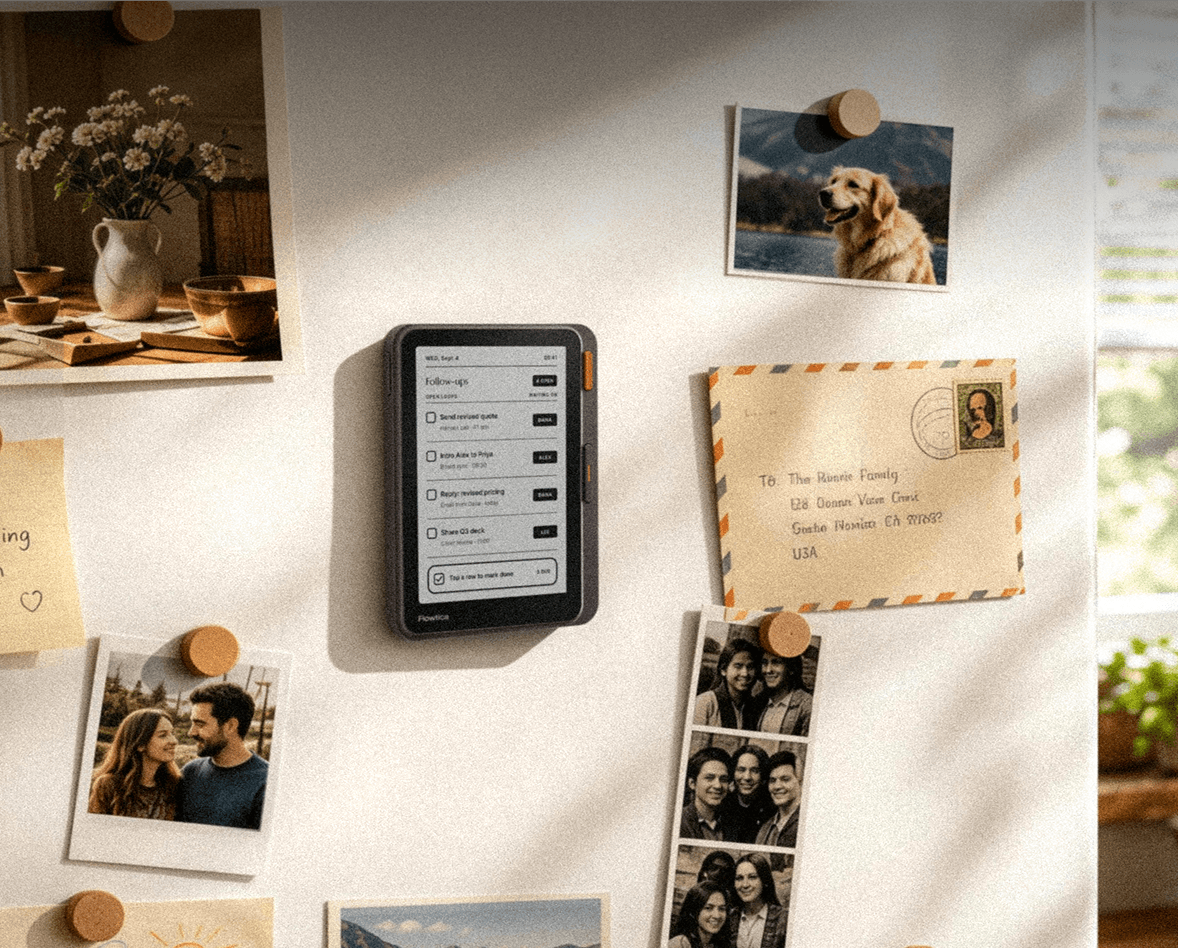 Verso attached to a refrigerator among notes and photos