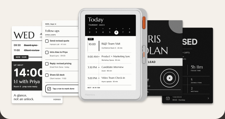 Verso dashboard views: agenda, to-do list, contact card and daily summary