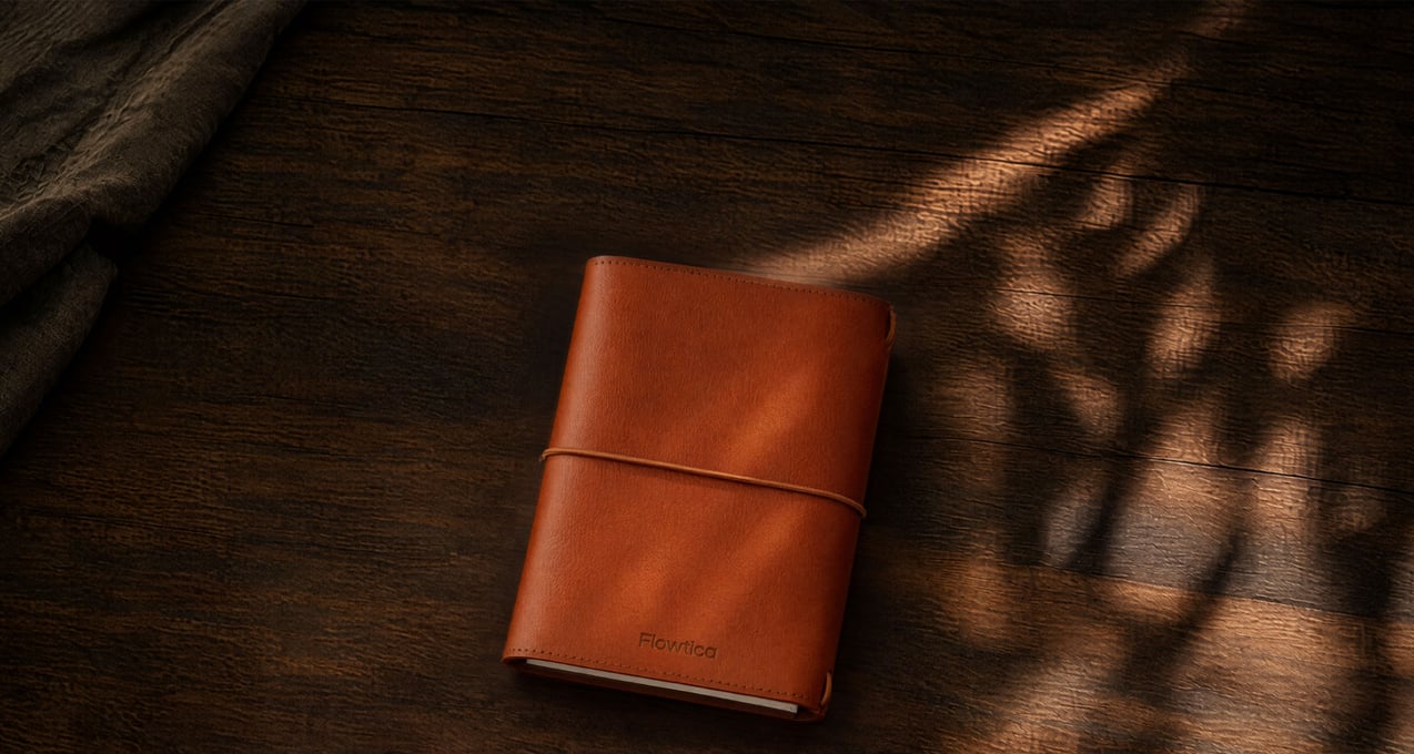Flowtica Folio leather notebook on a wooden desk